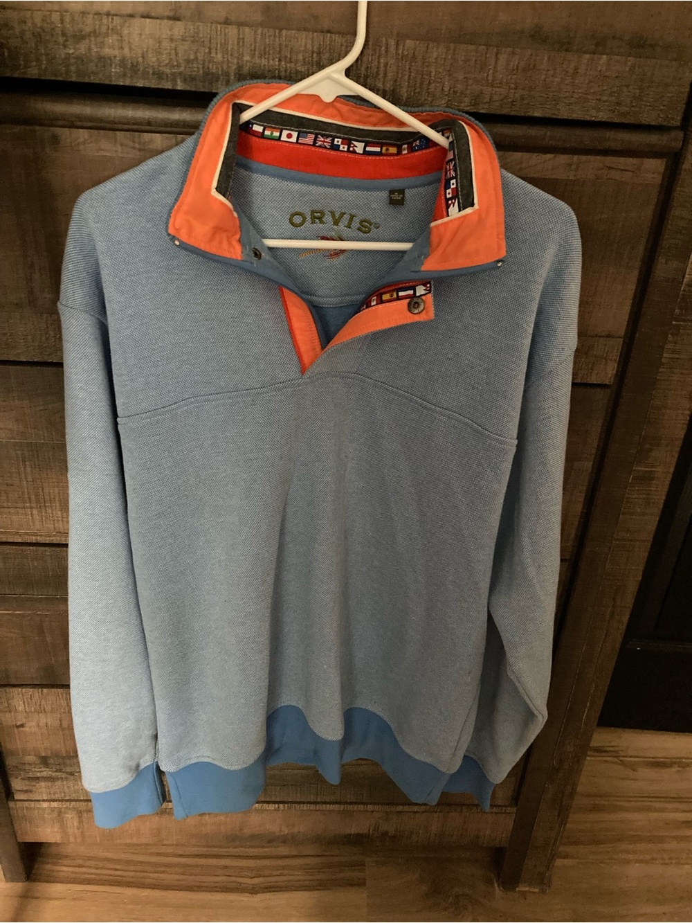Orvis Sky Blue Pullover with Orange Collar Accents